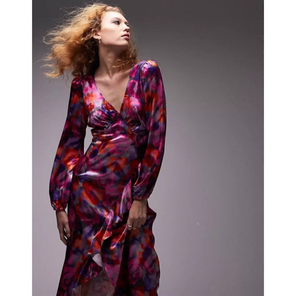 Topshop Dress Satin Floral Long Sleeve V-Neck Ruffle Midi in Bright Pink NWT 4